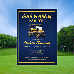 Convite Tema de Golfe Elegante Carrinho Azul Dourado 60º A