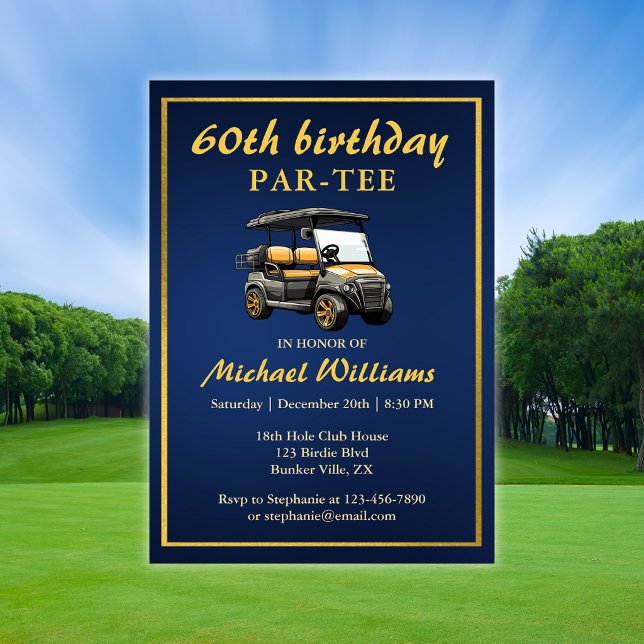 Convite Tema de Golfe Elegante Carrinho Azul Dourado 60º A (Criador carregado)