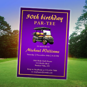 Convite Tema de Golfe Elegante Carrinho Dourado 50º Aniver