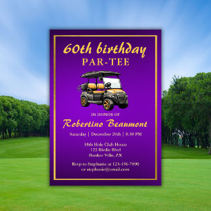 Convite Tema de Golfe Elegante Carrinho Roxo Dourado 60º A
