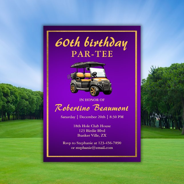 Convite Tema de Golfe Elegante Carrinho Roxo Dourado 60º A (Criador carregado)