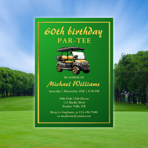 Convite Tema de Golfe Elegante Carrinho Verde Dourado 60º