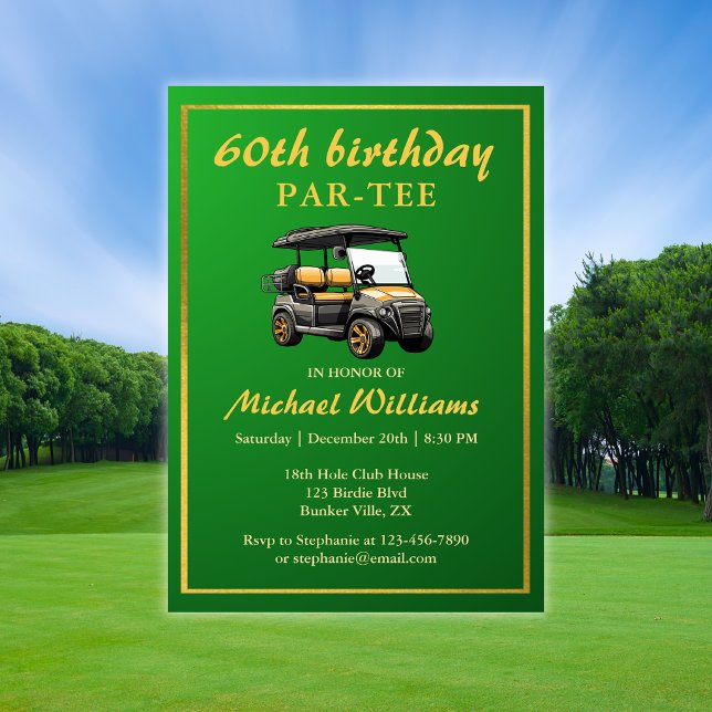 Convite Tema de Golfe Elegante Carrinho Verde Dourado 60º  (Criador carregado)