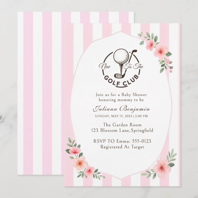 Convite Tema de Golfe Elegante para Chás de Bebê de Menina (Frente/Verso)