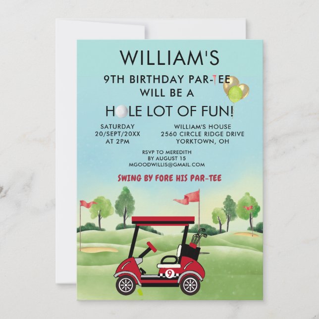 Convite Tema de Golfe para Menino, 9º Aniversário Par-Tee (Frente)