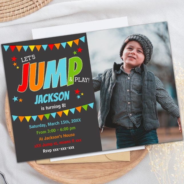 Convite Tema de Grupo Trampoline para Crianças (Jump Birthday Invitations with photo)
