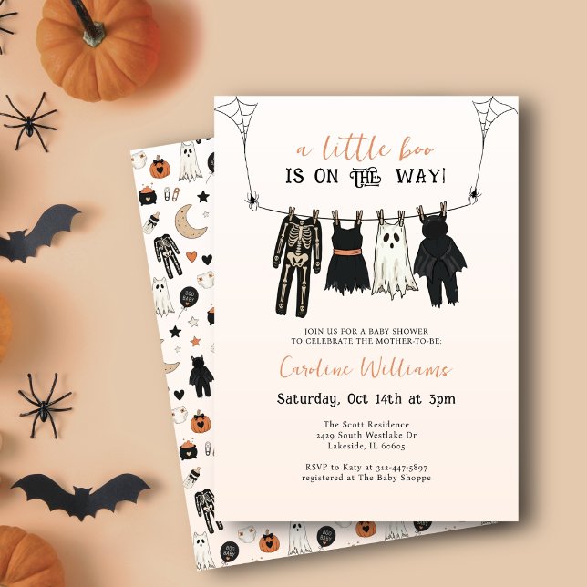 Convite Tema de Halloween para Bebê Roupa de Criança Varal (Cute Halloween baby shower theme.)
