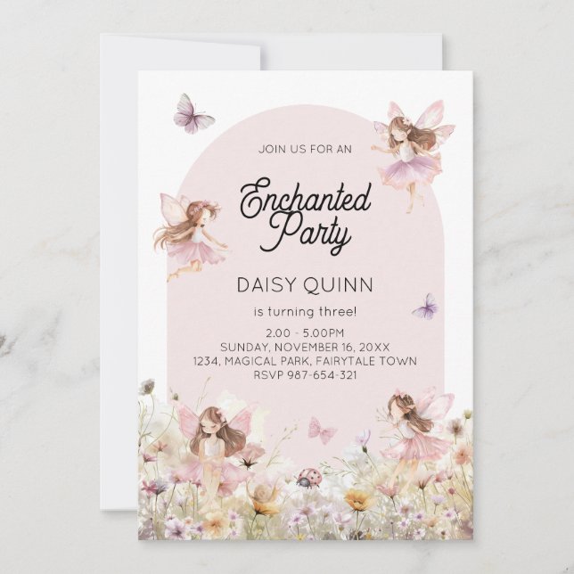 Convite Tema de Jardim de Fadas para Aniversário de Menina (Frente)