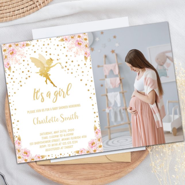 Convite Tema de Jardim Encantado para Meninas (Photo Fairy Floral Baby Shower Invitations)