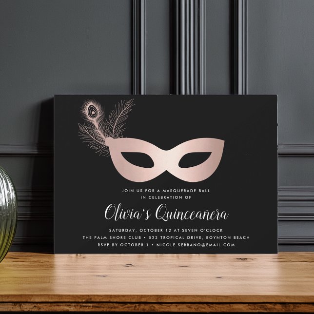 Convite Tema de Mascarada Dourada Elegante Quinceanera (Criador carregado)