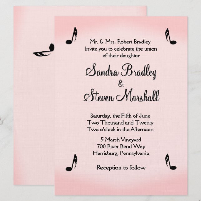 Convite Tema de Música Rosa Casamento (Frente/Verso)