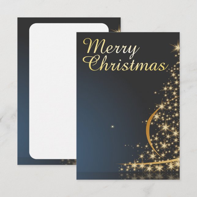 Convite Tema de Natal Azul com Árvore de Natal dourada (Frente/Verso)