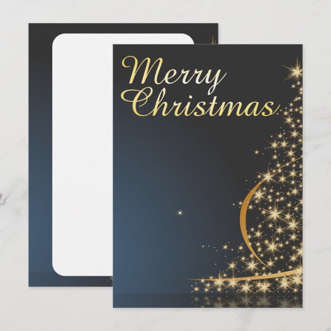 Convite Tema de Natal Azul com Árvore de Natal dourada (Frente/Verso)