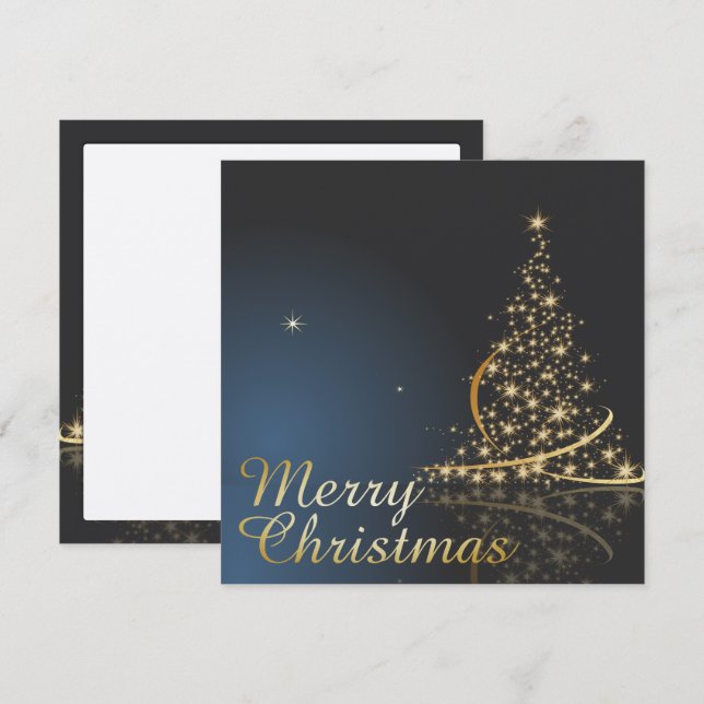 Convite Tema de Natal Azul com Árvore de Natal Dourada (Frente/Verso)