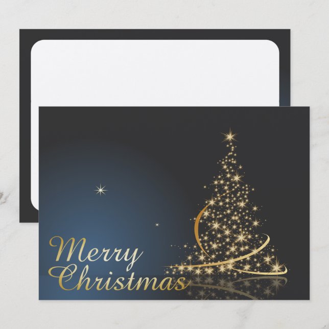 Convite Tema de Natal Azul com Árvore de Natal Dourada (Frente/Verso)