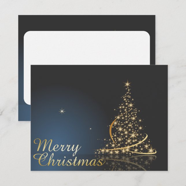 Convite Tema de Natal Azul com Árvore de Natal dourada (Frente/Verso)