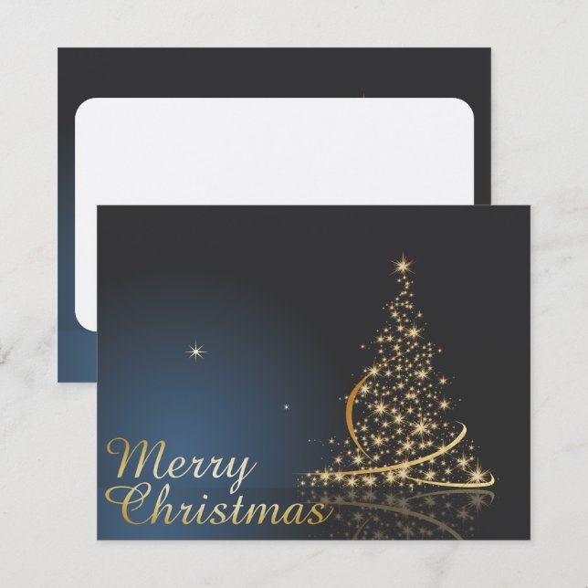 Convite Tema de Natal Azul com Árvore de Natal Dourada (Frente/Verso)