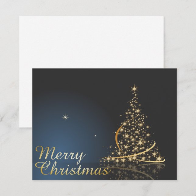 Convite Tema de Natal Azul com Árvore de Natal dourada (Frente/Verso)