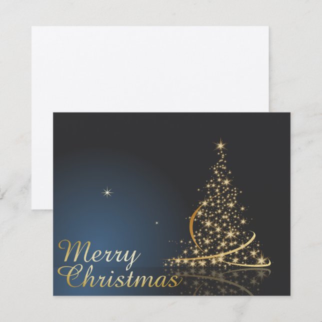 Convite Tema de Natal Azul com Árvore de Natal dourada (Frente/Verso)