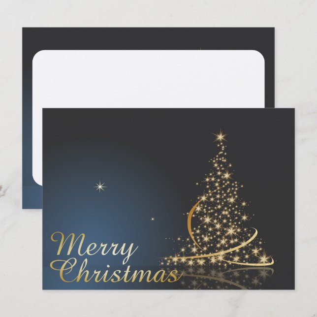 Convite Tema de Natal Azul com Árvore de Natal dourada (Frente/Verso)