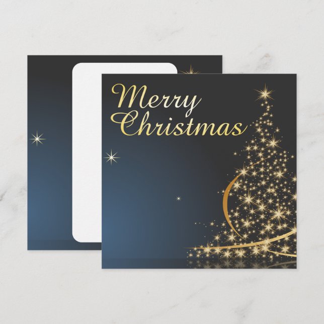 Convite Tema de Natal Azul com Árvore de Natal ouro (Frente/Verso)