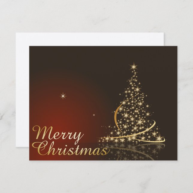 Convite Tema de Natal Vermelho com árvore de Natal ouro (Frente/Verso)