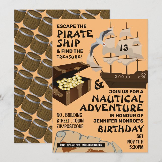 Convite Tema de navio pirata, Sala de evacuação, Festa de  (Frente/Verso)