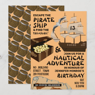Convite Tema de navio pirata, Sala de evacuação, Festa de 
