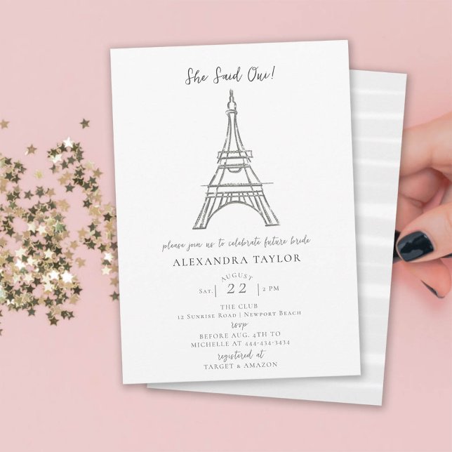 Convite Tema De Paris Ela Disse Chá de panela Oui Eiffel (she said oui paris theme bridal shower invitation minimalist glitter eiffel tower rhinestones simple)