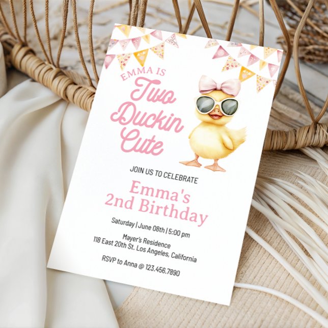 Convite Tema de Pato Amarelo Dois segundo aniversário de P (Editable Yellow Duck Birthday Invitation, Two Duckin Cute Yellow Duck 2nd Birthday Invite)