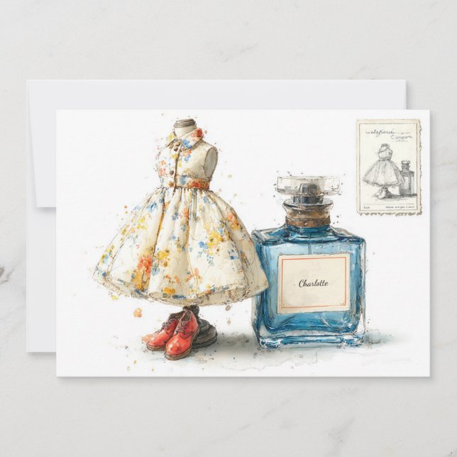 Convite Tema de Perfume Floral Azul primeiro aniversario (Frente)