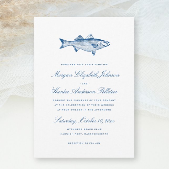 Convite Tema de Pesca de Robalo Listrado Elegante Casament (Striped Bass Fishing theme Wedding Invitation in Elegant navy blue from Concertina Press)