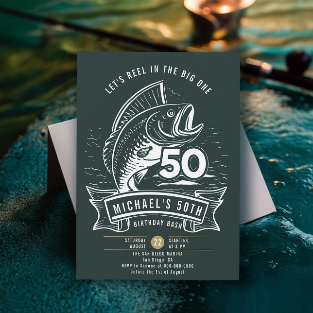 Convite Tema De Pesca, Grande Arco-Arado, 50º Aniversário (fishing 50th birthday invitation men big one bass fish reel rod elegant modern simple classy)