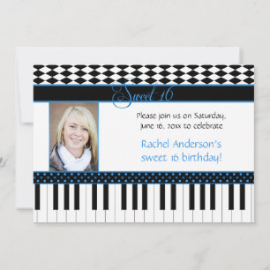 Convite Tema de Piano Preto Azul Aniversário de Sweet 16