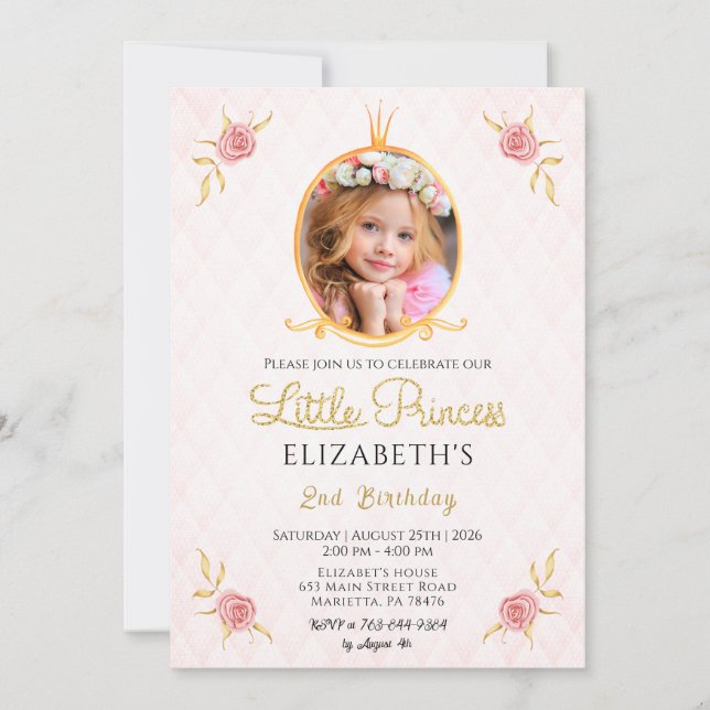 Convite Tema de Princesa Fofa Foto de Aniversário (Frente)