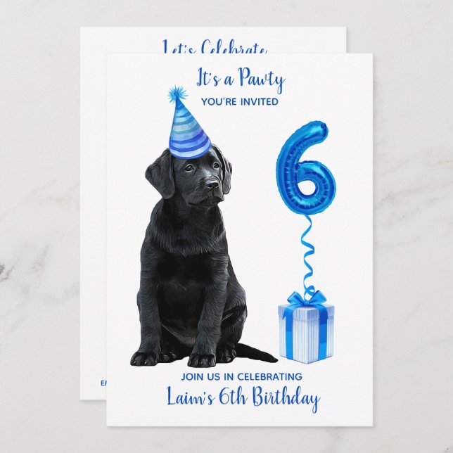 Convite Tema de Puppy do Black Lab 6 Birthday Blue Boy Paw (Frente/Verso)