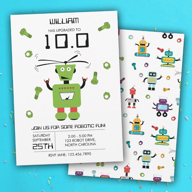 Convite Tema de Robô Verde Bonito Crianças Robôs Festa de  (Cute Green Robot Theme Kids Robots Birthday Party Invitation)