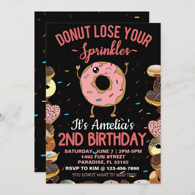 Convite Tema de Rosquinha segundo aniversário com dois ano (Frente/Verso)