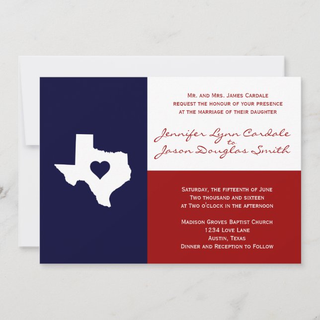 Convite Tema de Sinalizador Texas Casamento Vermelho Azul  (Frente)