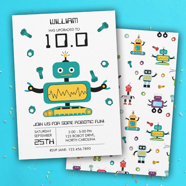 Convite Tema de Teto Bonito Crianças Robôs Festa de aniver (Cute Teal Robot Theme Kids Robots Birthday Party Invitation)