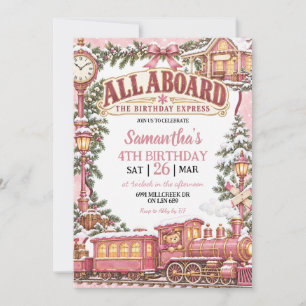 Convite Tema de Trem de Inverno Rosa - Todos a Bordo para