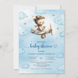 Convite Tema de urso de avião dourado doce para chá de beb