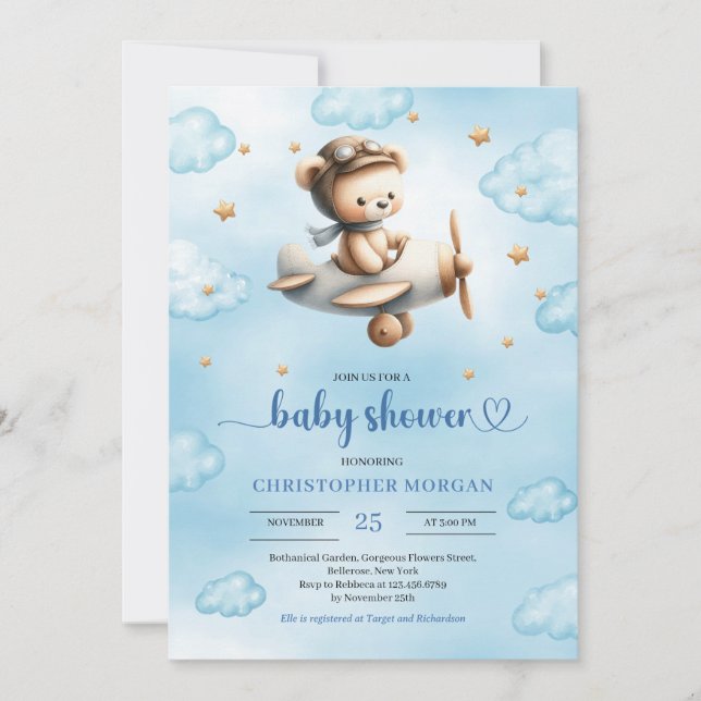 Convite Tema de urso de avião dourado doce para chá de beb (Frente)
