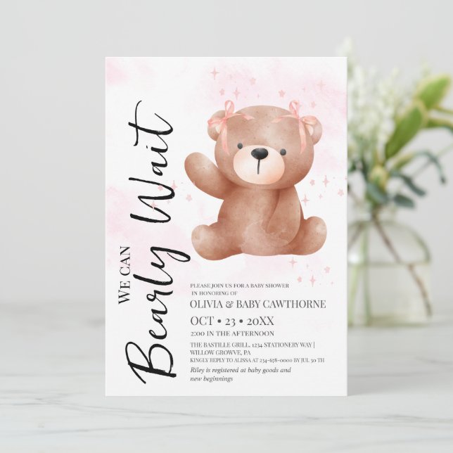 Convite Tema de Urso Fofo Chuveiro de Bebê Menina  (Em pé/Frente)