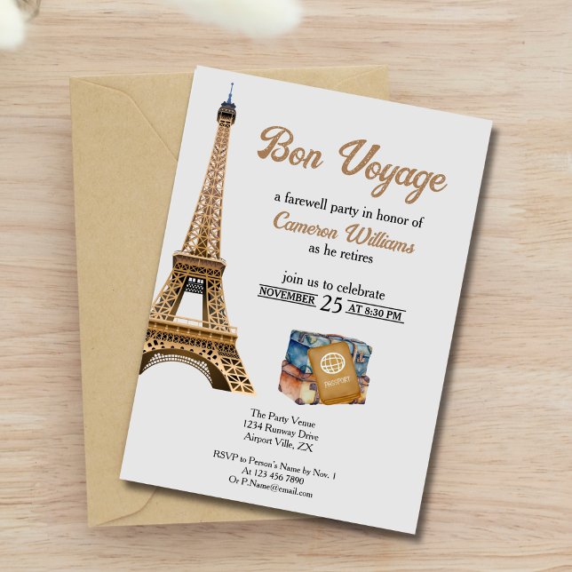 Convite Tema de Viagem de Reforma Bon Voyage Torre Eifel (Criador carregado)