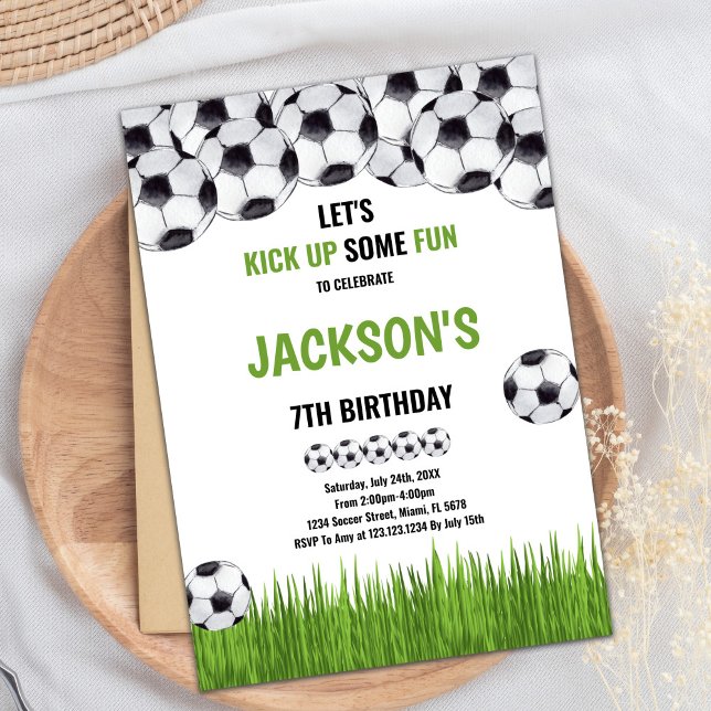 Convite Tema Desportivo Clássico para Festa Infantil (Green Ball Soccer Birthday Invitations)