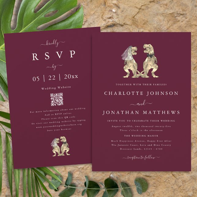 Convite Tema Dinossauro Casamento Borgonha Código QR (Dinosaur theme wedding burgundy cream qr code invitation T-Rex dino bride and groom elegant modern)