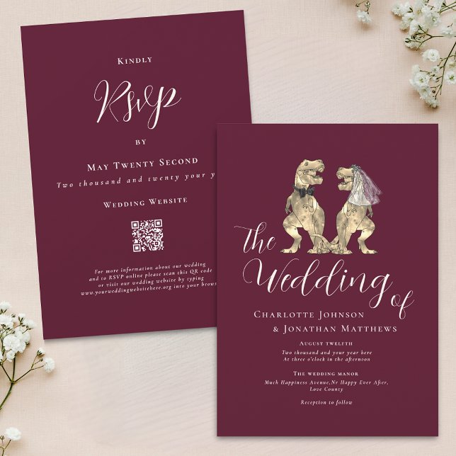 Convite Tema Dinossauro Casamento Borgonha Creme QR (Dinosaur theme wedding Burgundy and ivory Cream QR Code invitation elegant modern script T-Rex Dino)