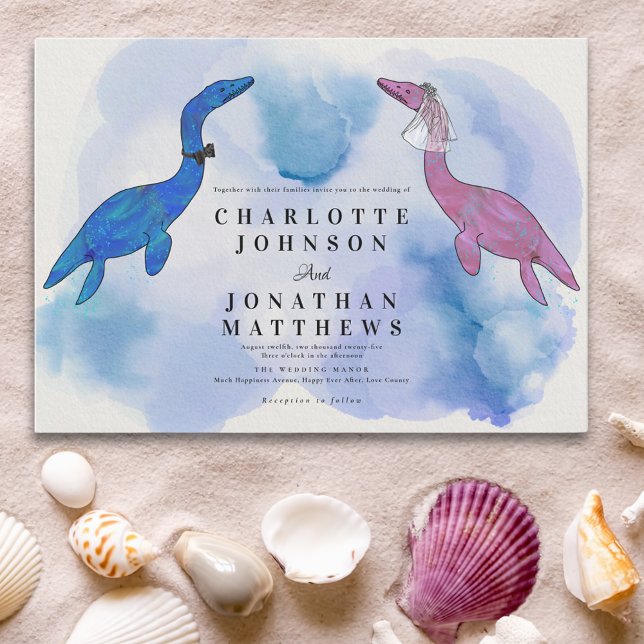 Convite Tema Dinossauro Casamento Mar de Cores Aquáticas C (Watercolor sea fun dinosaur theme wedding invitation in blue purple and pink)