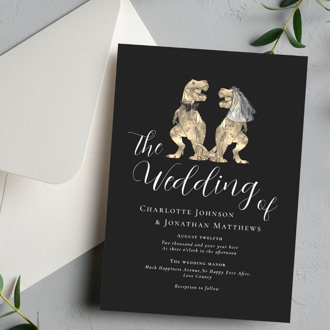 Convite Tema Dinossauro Casamento Preto e Branco (Black and white dinosaur theme wedding invitation elegant modern script T-Rex dinos bride & groom)
